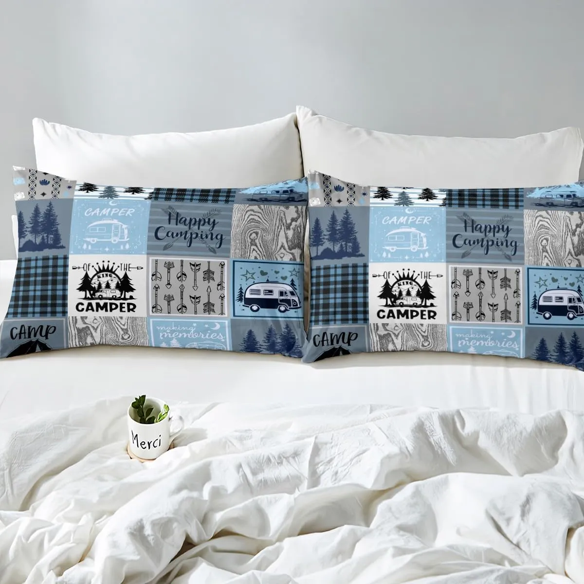 Erosebridal Kids Camper Duvet Cover Twin Happy Camping Bedding Set Rv Bunk Accessories Comforter Cover for Travel Trailers,Blue Grey Rustic Buffalo Plaid Pine Tree Quilt Cover for Boys Girls