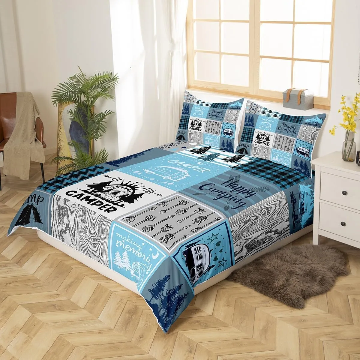 Erosebridal Kids Camper Duvet Cover Twin Happy Camping Bedding Set Rv Bunk Accessories Comforter Cover for Travel Trailers,Blue Grey Rustic Buffalo Plaid Pine Tree Quilt Cover for Boys Girls