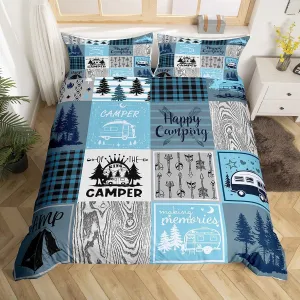 Erosebridal Kids Camper Duvet Cover Twin Happy Camping Bedding Set Rv Bunk Accessories Comforter Cover for Travel Trailers,Blue Grey Rustic Buffalo Plaid Pine Tree Quilt Cover for Boys Girls