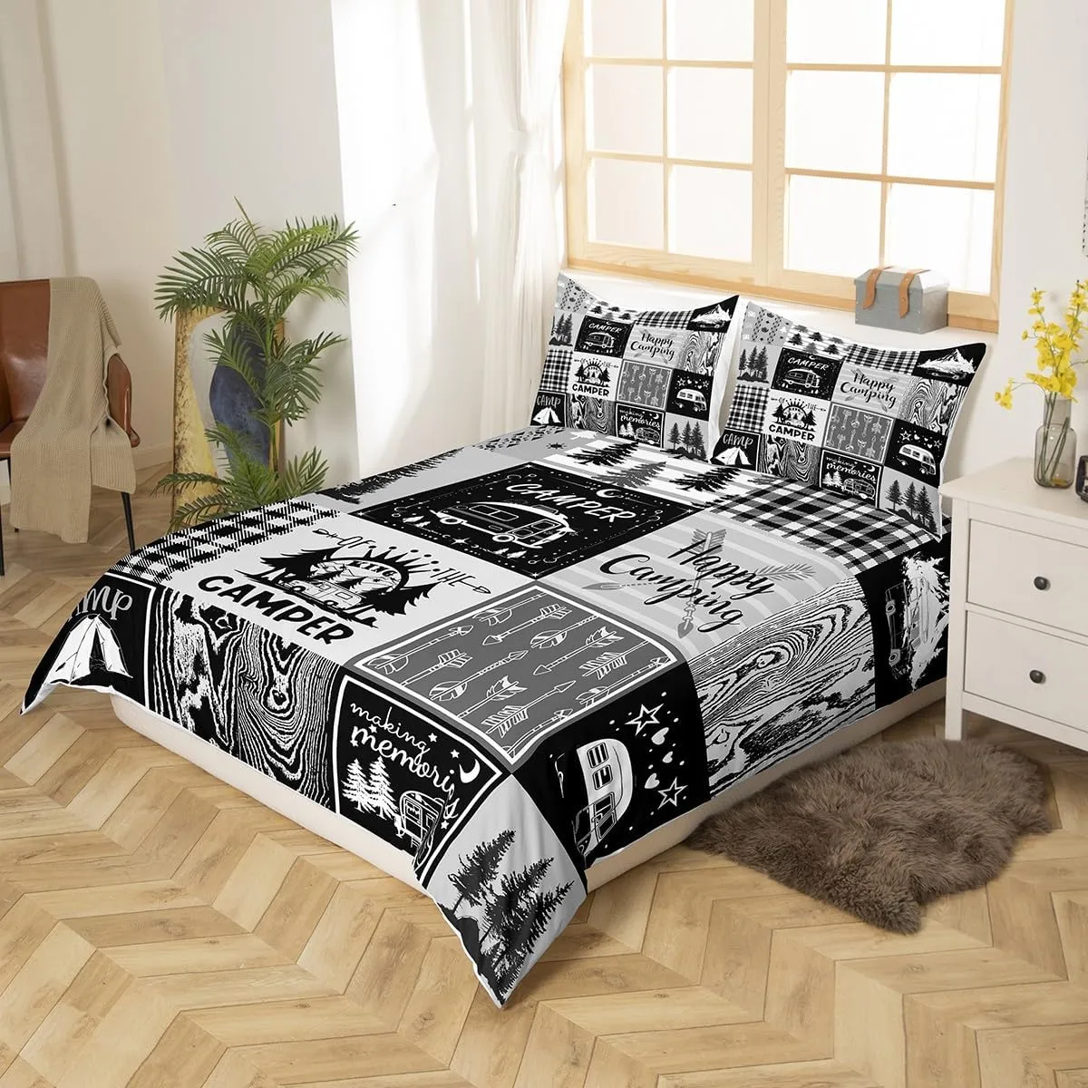 Erosebridal Rv Bedding Sets Plaid Camper Comforter Cover Twin Rustic Farmhouse Camping Bunk Duvet Cover Camper Accessories for Travel Trailers,Woodland Travel Quilt Cover for Kids Boys Men