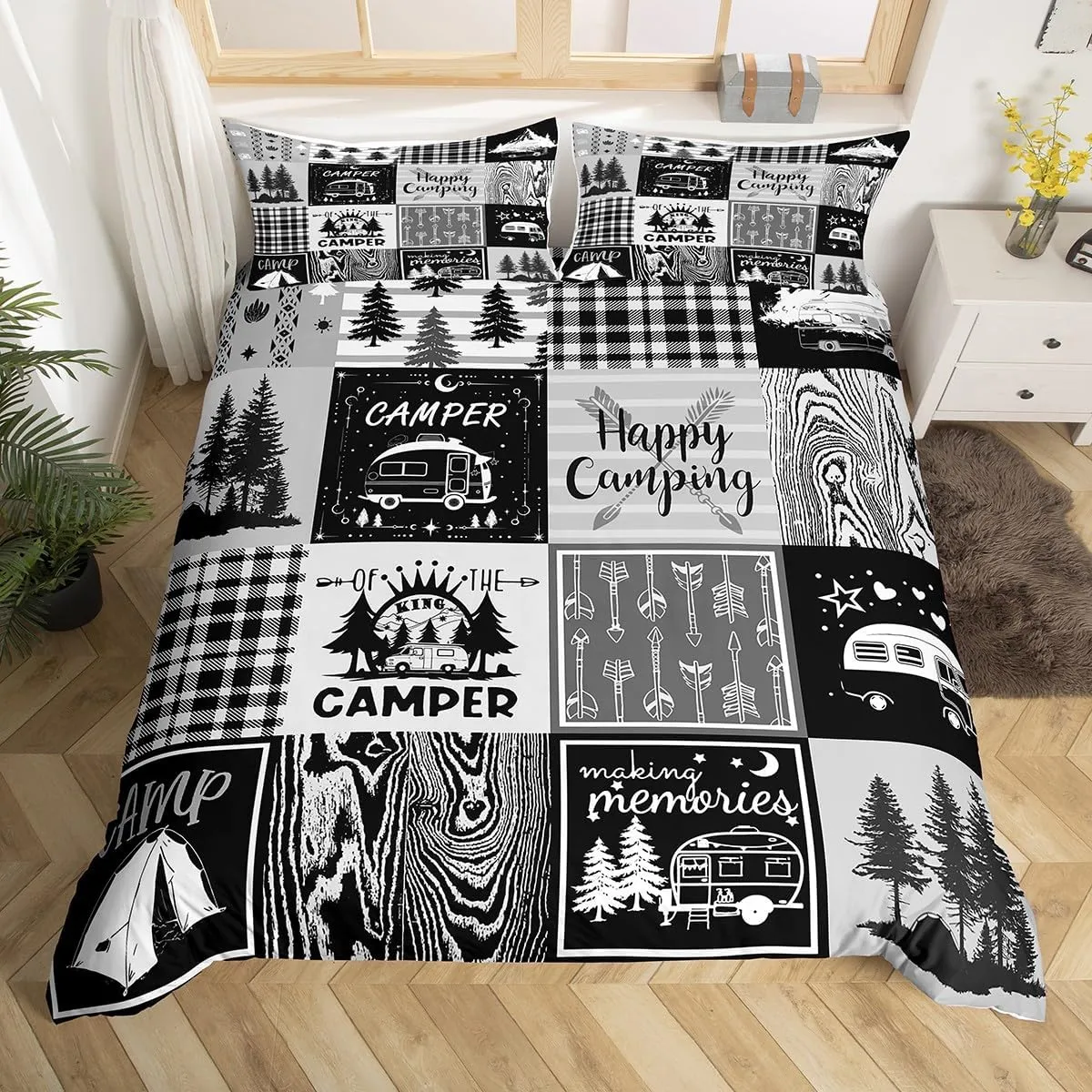 Erosebridal Rv Bedding Sets Plaid Camper Comforter Cover Twin Rustic Farmhouse Camping Bunk Duvet Cover Camper Accessories for Travel Trailers,Woodland Travel Quilt Cover for Kids Boys Men