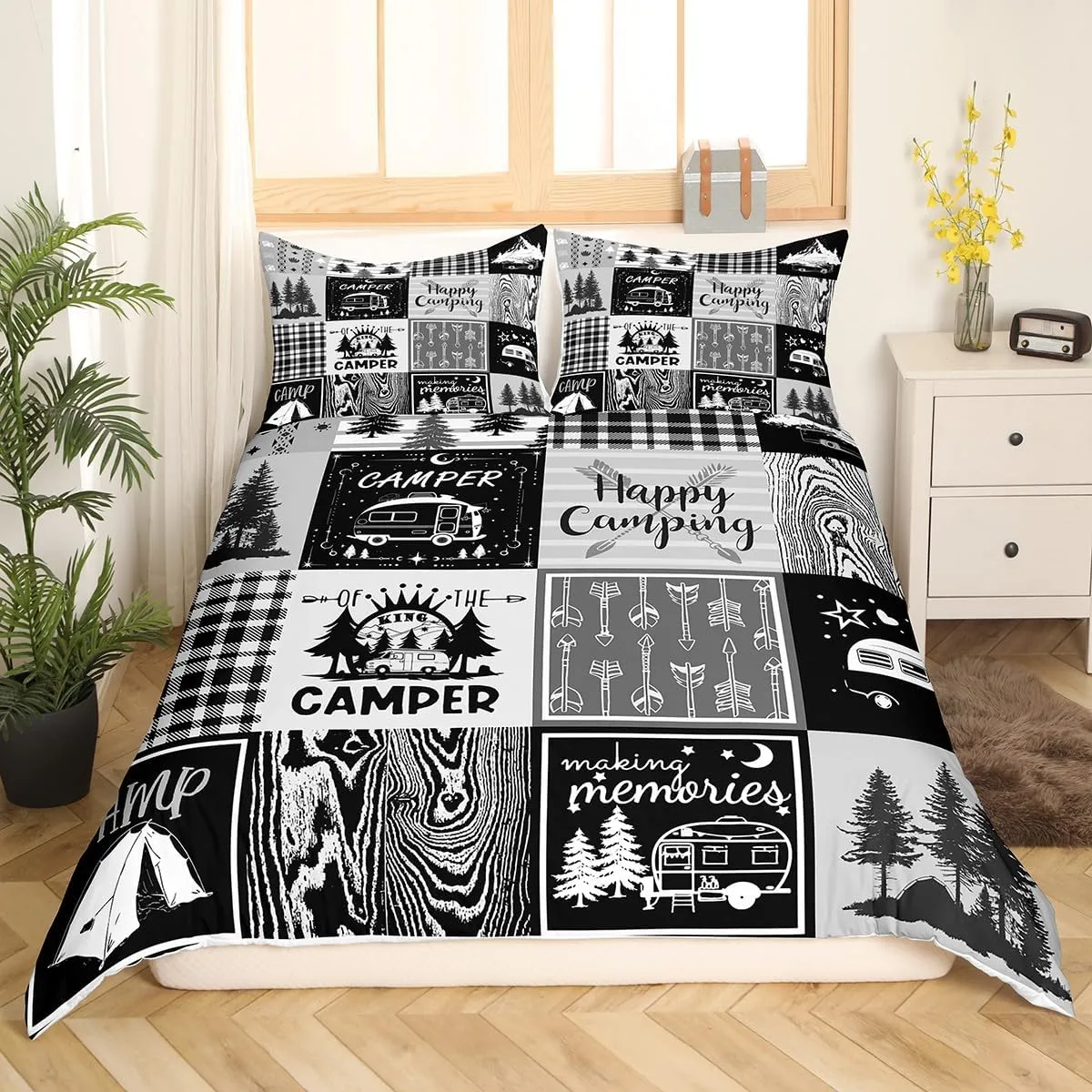 Erosebridal Rv Bedding Sets Plaid Camper Comforter Cover Twin Rustic Farmhouse Camping Bunk Duvet Cover Camper Accessories for Travel Trailers,Woodland Travel Quilt Cover for Kids Boys Men
