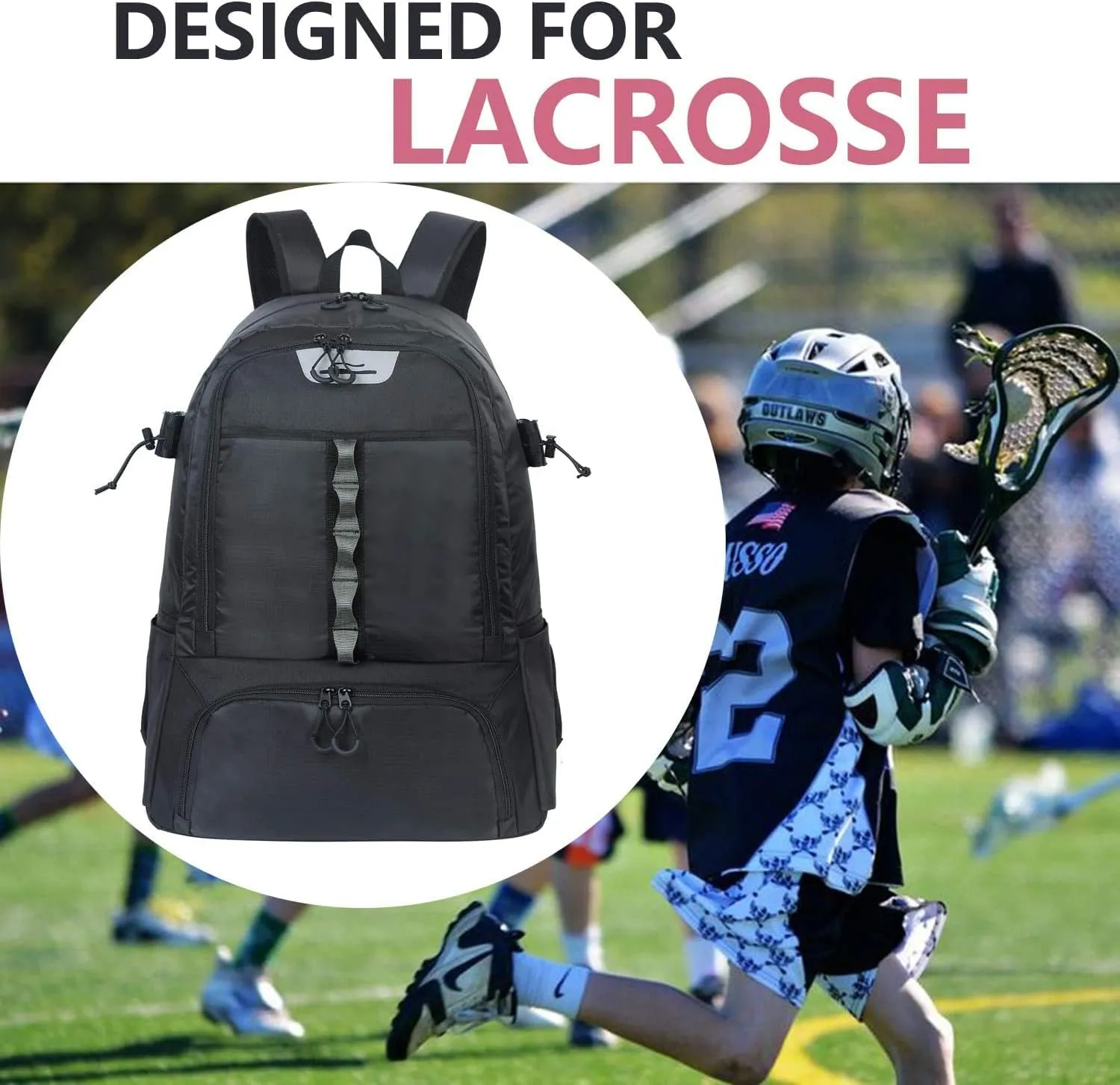 Extra Large Lacrosse Bag Backpack-20/23 Inch Lacrosse Backpack Holds All Lacrosse or Field Hockey Equipment-Two Stick Holders and Separate Cleats Compartment