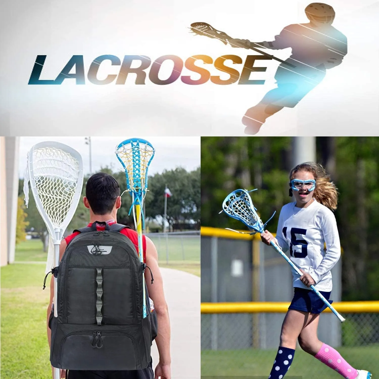 Extra Large Lacrosse Bag Backpack-20/23 Inch Lacrosse Backpack Holds All Lacrosse or Field Hockey Equipment-Two Stick Holders and Separate Cleats Compartment