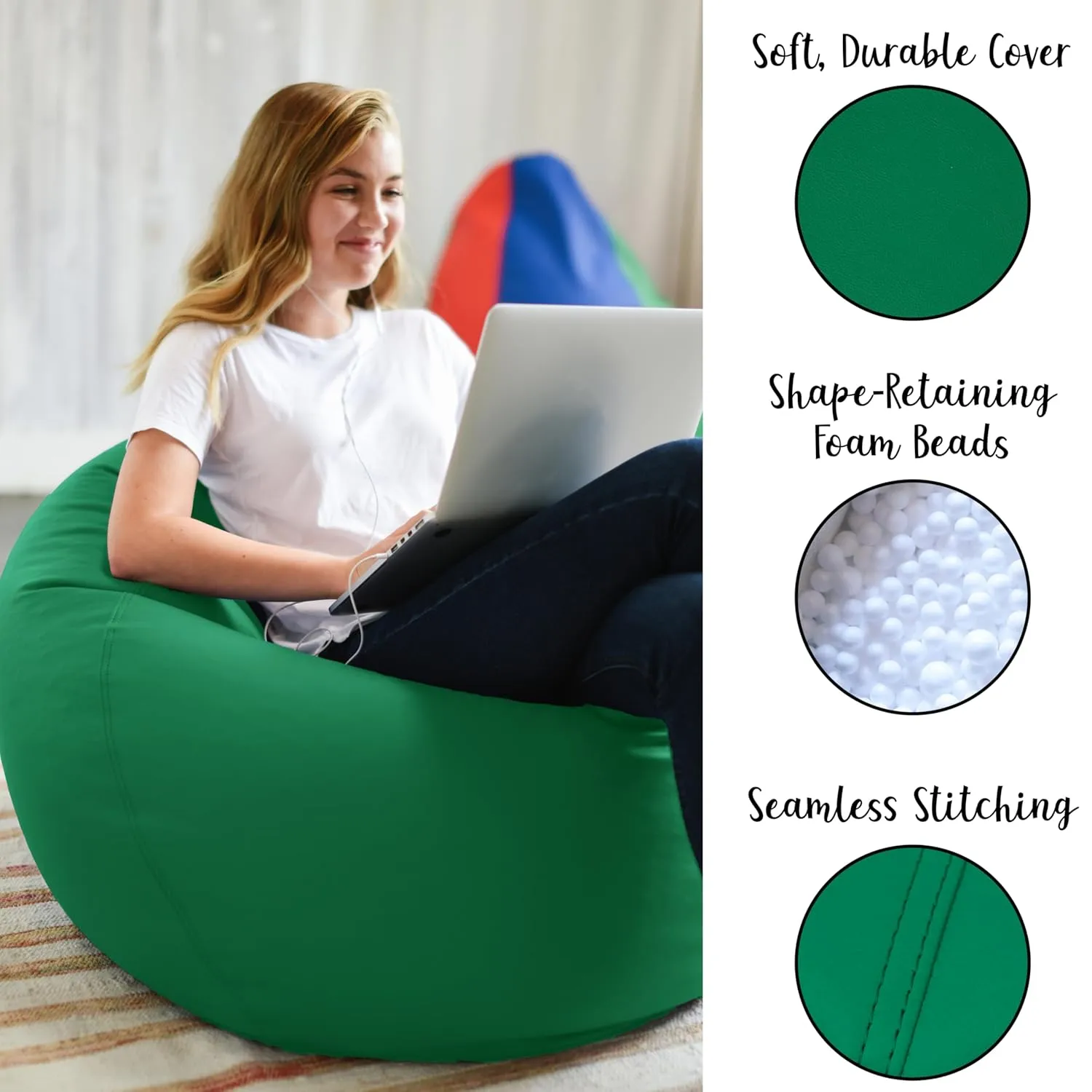 Factory Direct Partners 10477-GN SoftScape Classic 35" Junior Bean Bag Chair, Furniture for Kids, Libraries or Home - Green