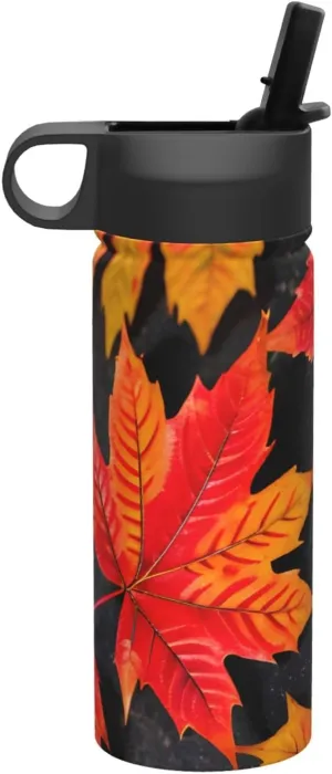Fall Red Leaves Print Flask Stainless Steel Water Bottle with Straw 18OZ FOR Outdoor Gym Commute