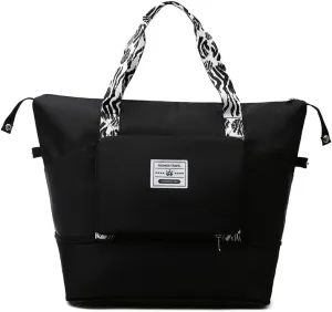 Fashionable two-tone hand-carried luggage, travel, dry-wet separated sports and fitness bag, foldable travel bag, waterproof (black)