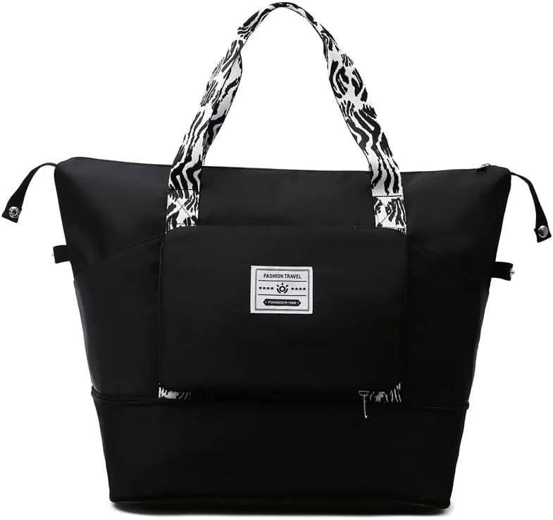 Fashionable two-tone hand-carried luggage, travel, dry-wet separated sports and fitness bag, foldable travel bag, waterproof (black)