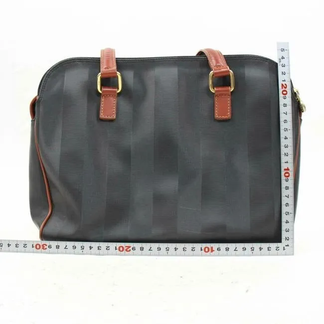 Fendi Early Pequin Black Wide Stripe Print Coated Canvas And Pecan Colored Leather Satchel