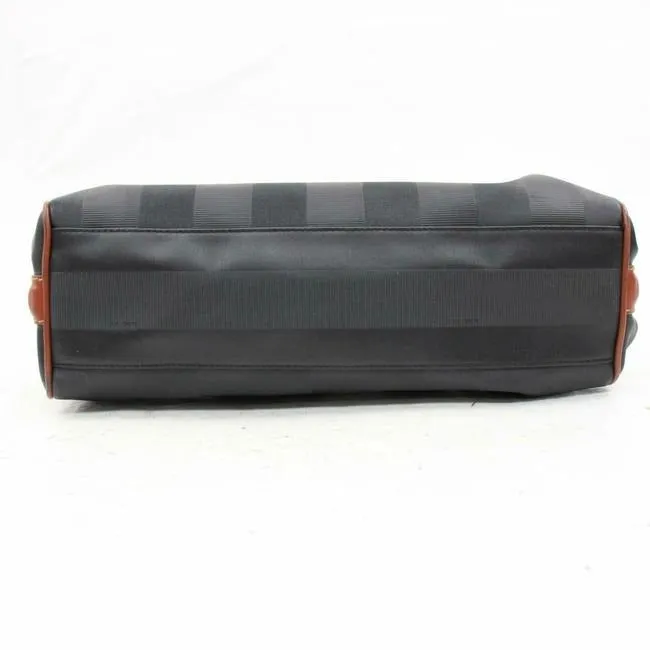 Fendi Early Pequin Black Wide Stripe Print Coated Canvas And Pecan Colored Leather Satchel