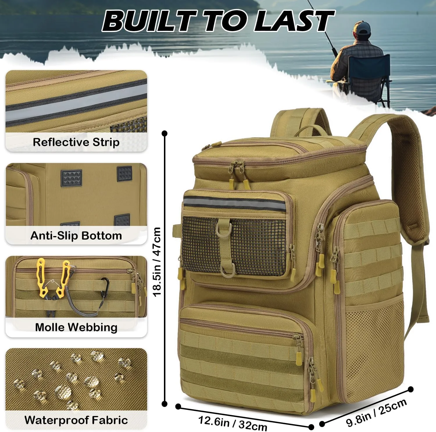 Fishing Backpack with Rod Holders - 45L Large Water-resistant Fishing Tackle Bag for Outdoor Camping Hiking Gear and Equipment, Bag Only (Brown)