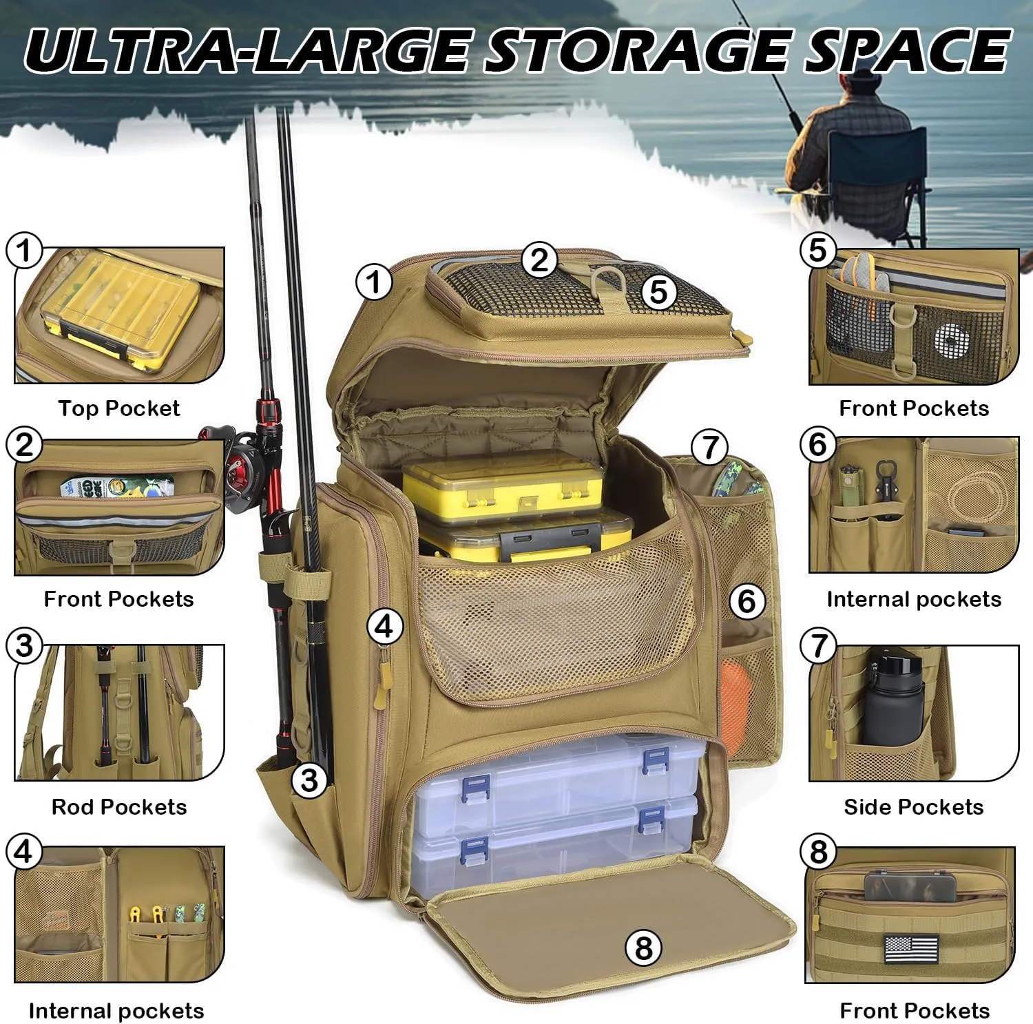 Fishing Backpack with Rod Holders - 45L Large Water-resistant Fishing Tackle Bag for Outdoor Camping Hiking Gear and Equipment, Bag Only (Brown)