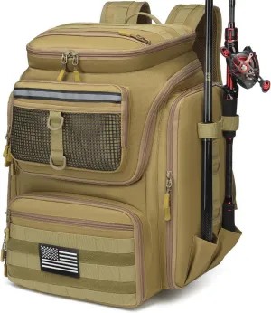 Fishing Backpack with Rod Holders - 45L Large Water-resistant Fishing Tackle Bag for Outdoor Camping Hiking Gear and Equipment, Bag Only (Brown)