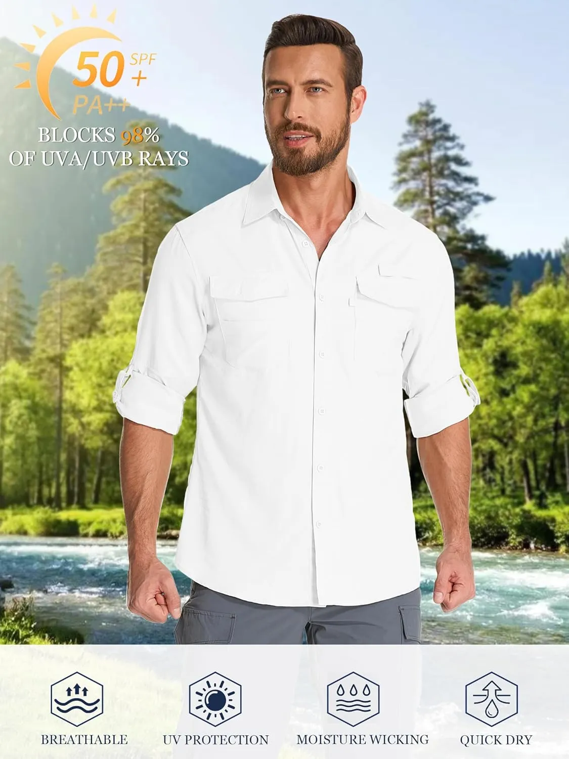 Fishing Shirts for Men, Sun Protection Long Sleeve Hiking Outdoor UV Shirt Quick Dry UPF 50  for Travel Safari Camping