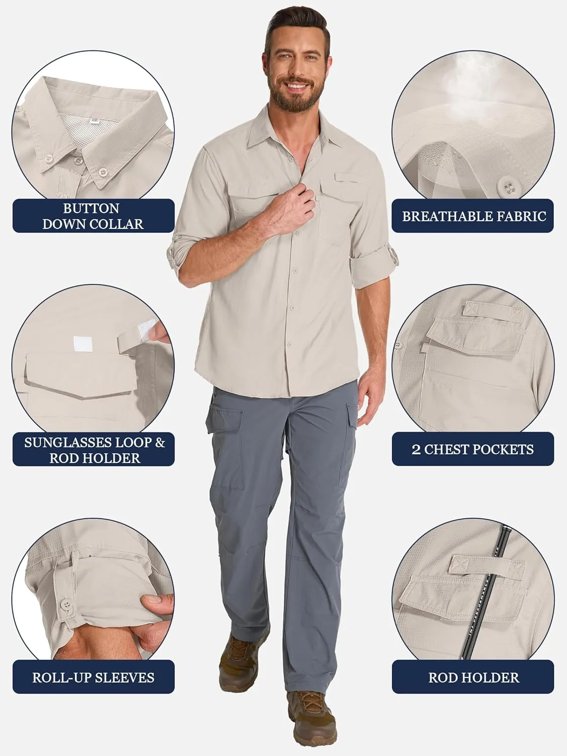 Fishing Shirts for Men, Sun Protection Long Sleeve Hiking Outdoor UV Shirt Quick Dry UPF 50  for Travel Safari Camping