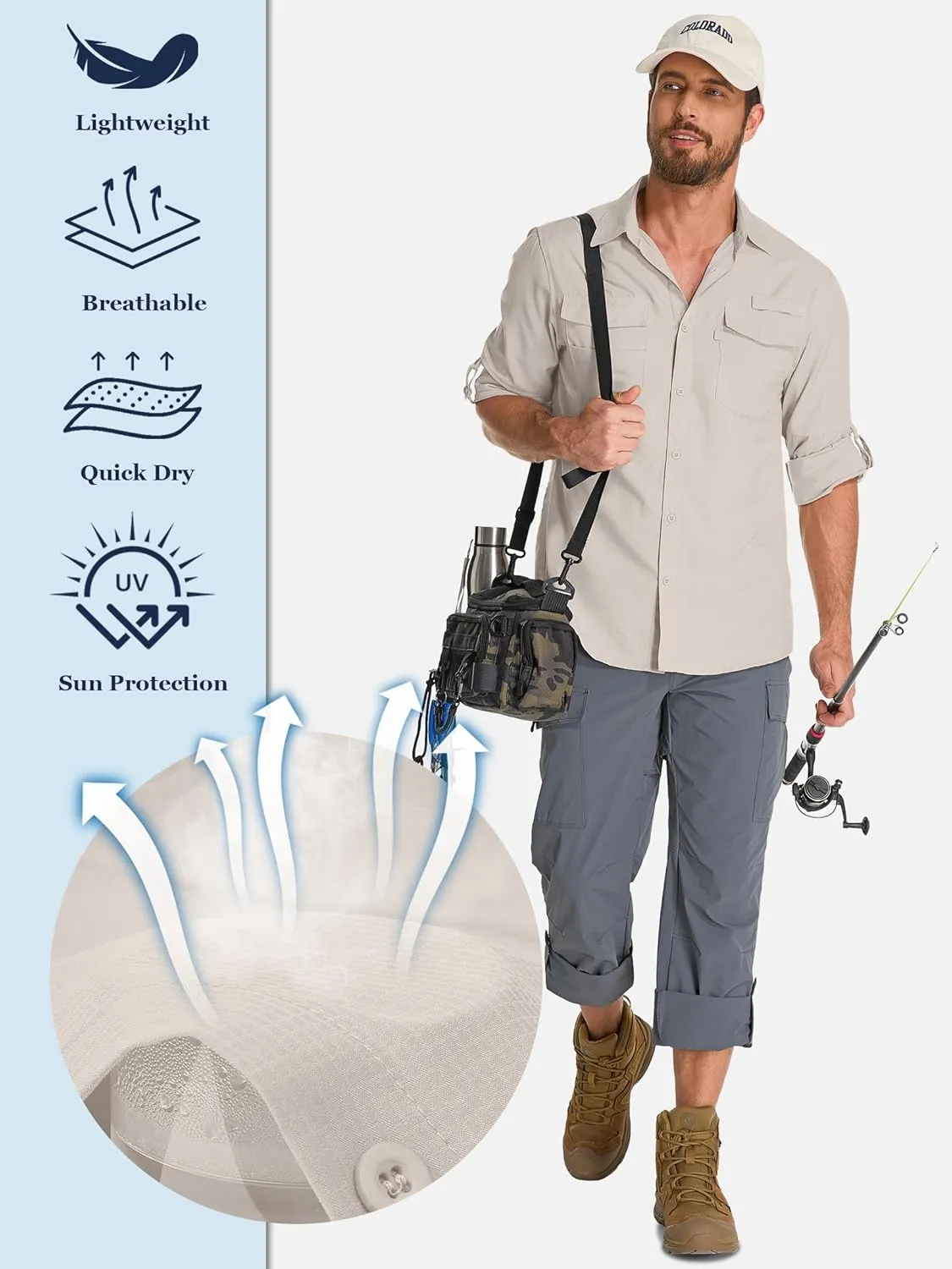 Fishing Shirts for Men, Sun Protection Long Sleeve Hiking Outdoor UV Shirt Quick Dry UPF 50  for Travel Safari Camping