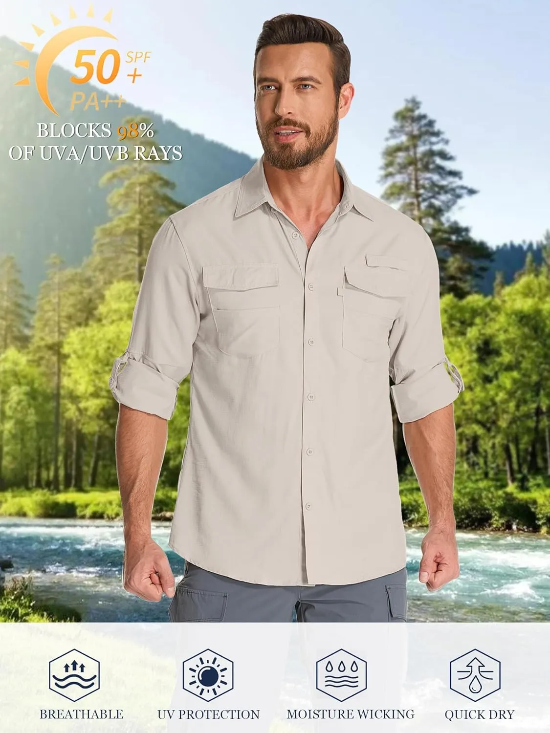Fishing Shirts for Men, Sun Protection Long Sleeve Hiking Outdoor UV Shirt Quick Dry UPF 50  for Travel Safari Camping