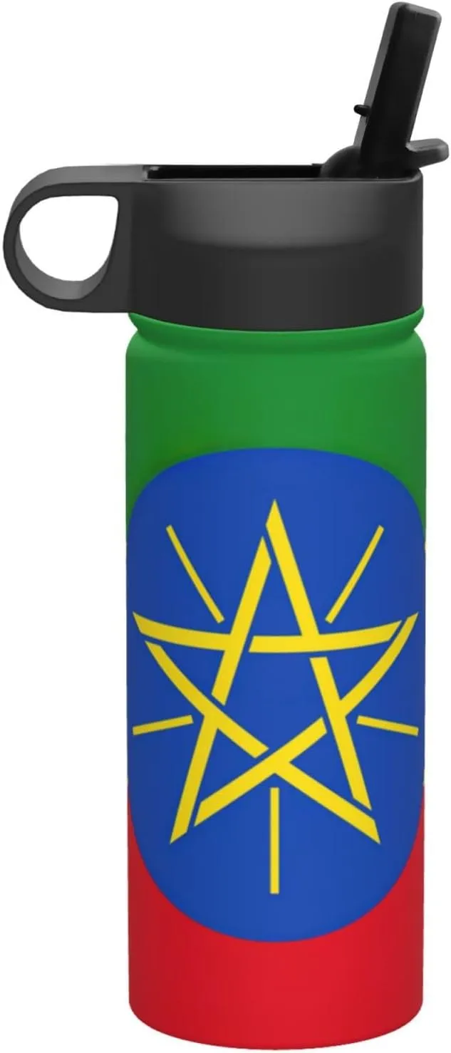 Flag of Ethiopia Print Flask Stainless Steel Water Bottle with Straw 18OZ FOR Outdoor Gym Commute