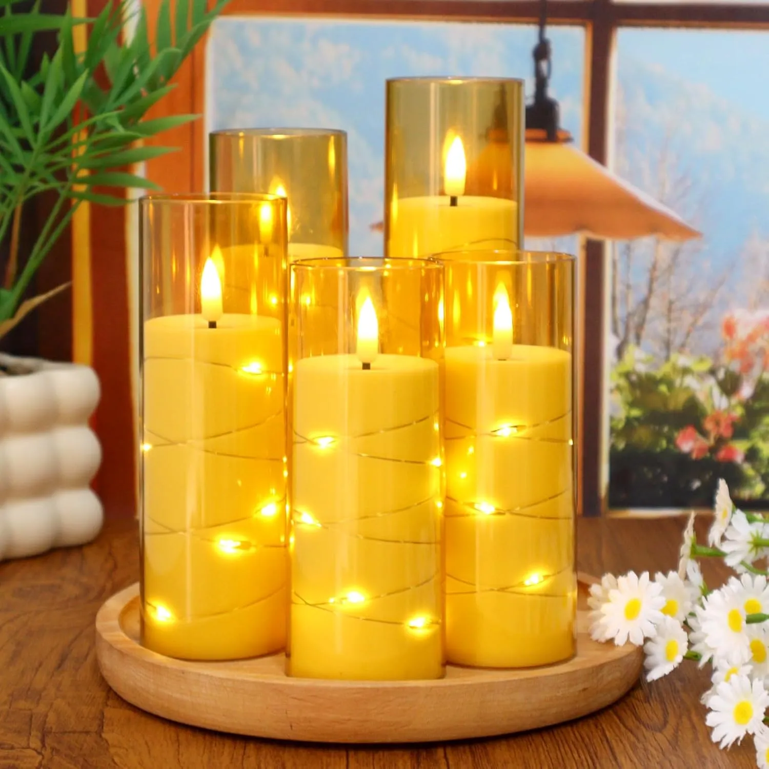 Flickering Flameless LED Candles Battery Operated with Timer and Remote, Embedded Star String Warm Light, Gold Acrylic Fake Candles for Romantic Home Party Decorations, 5 Pack