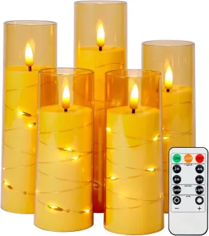 Flickering Flameless LED Candles Battery Operated with Timer and Remote, Embedded Star String Warm Light, Gold Acrylic Fake Candles for Romantic Home Party Decorations, 5 Pack