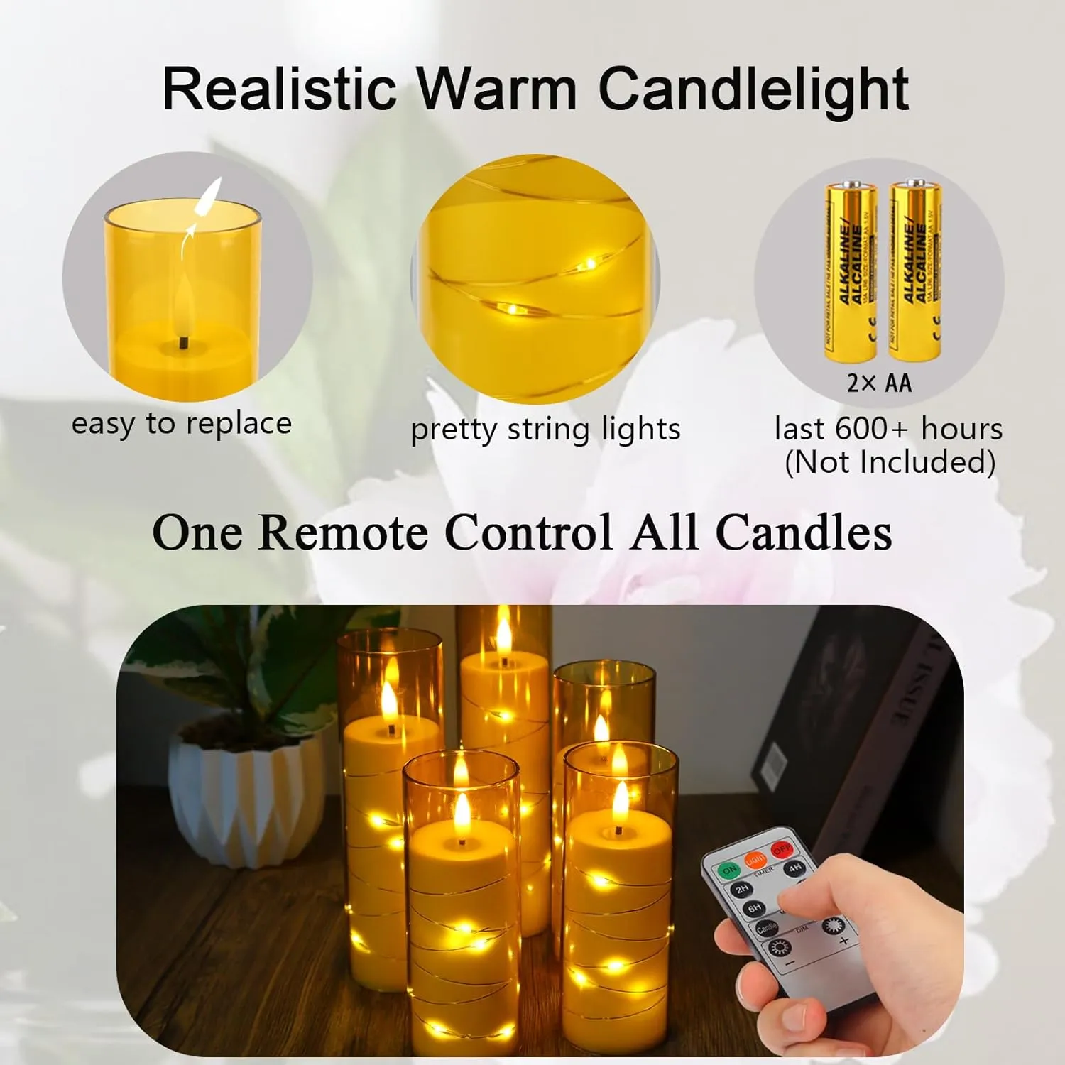 Flickering Flameless LED Candles Battery Operated with Timer and Remote, Embedded Star String Warm Light, Gold Acrylic Fake Candles for Romantic Home Party Decorations, 5 Pack