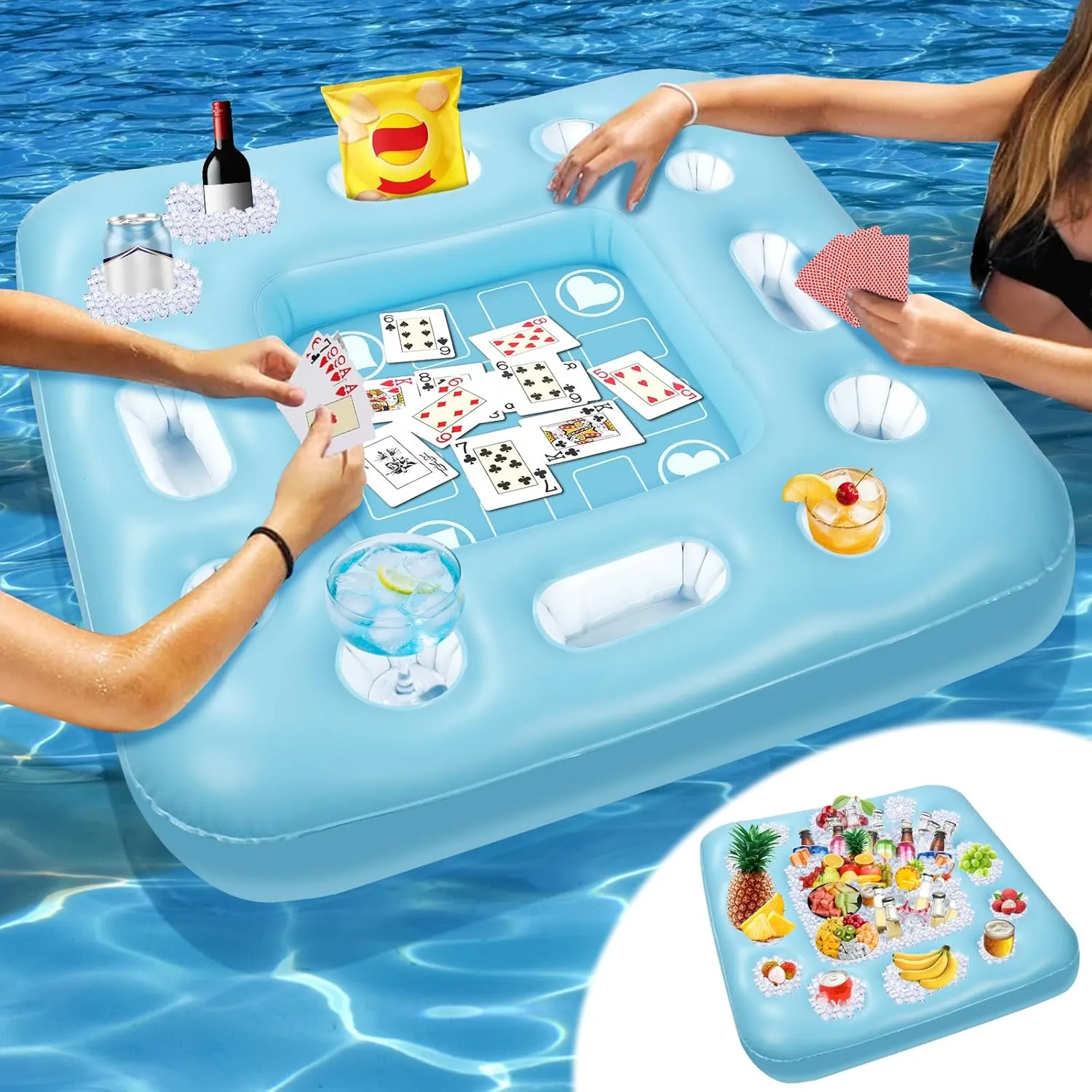 Floating Table for Pool Game with Waterproof Playing Cards, 39.4 x 39.4 in Floating Card Table for Pool with Food Drink Holders, Inflatable Floating Pool Game Table for Adults Family Party (Blue)