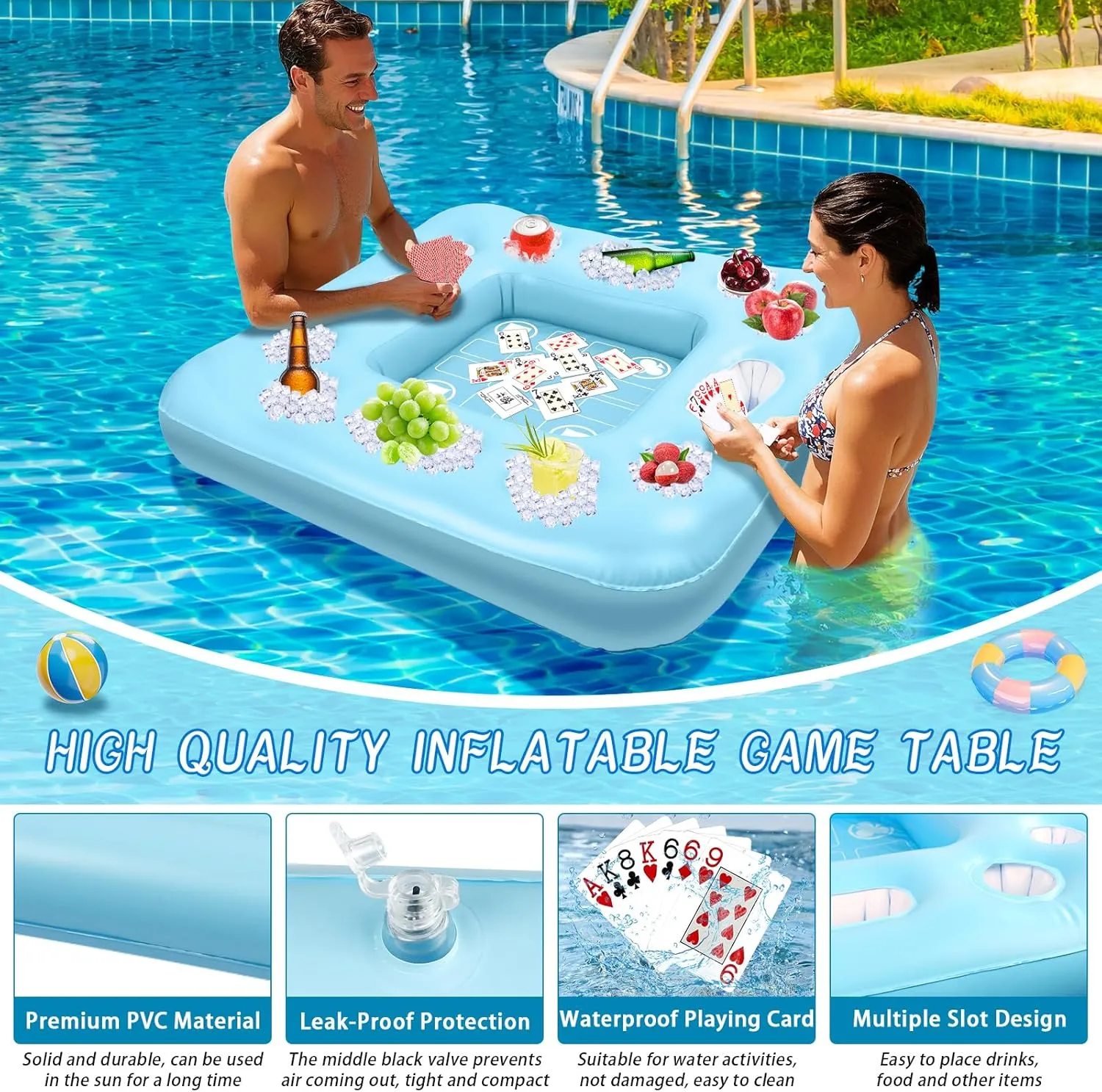 Floating Table for Pool Game with Waterproof Playing Cards, 39.4 x 39.4 in Floating Card Table for Pool with Food Drink Holders, Inflatable Floating Pool Game Table for Adults Family Party (Blue)