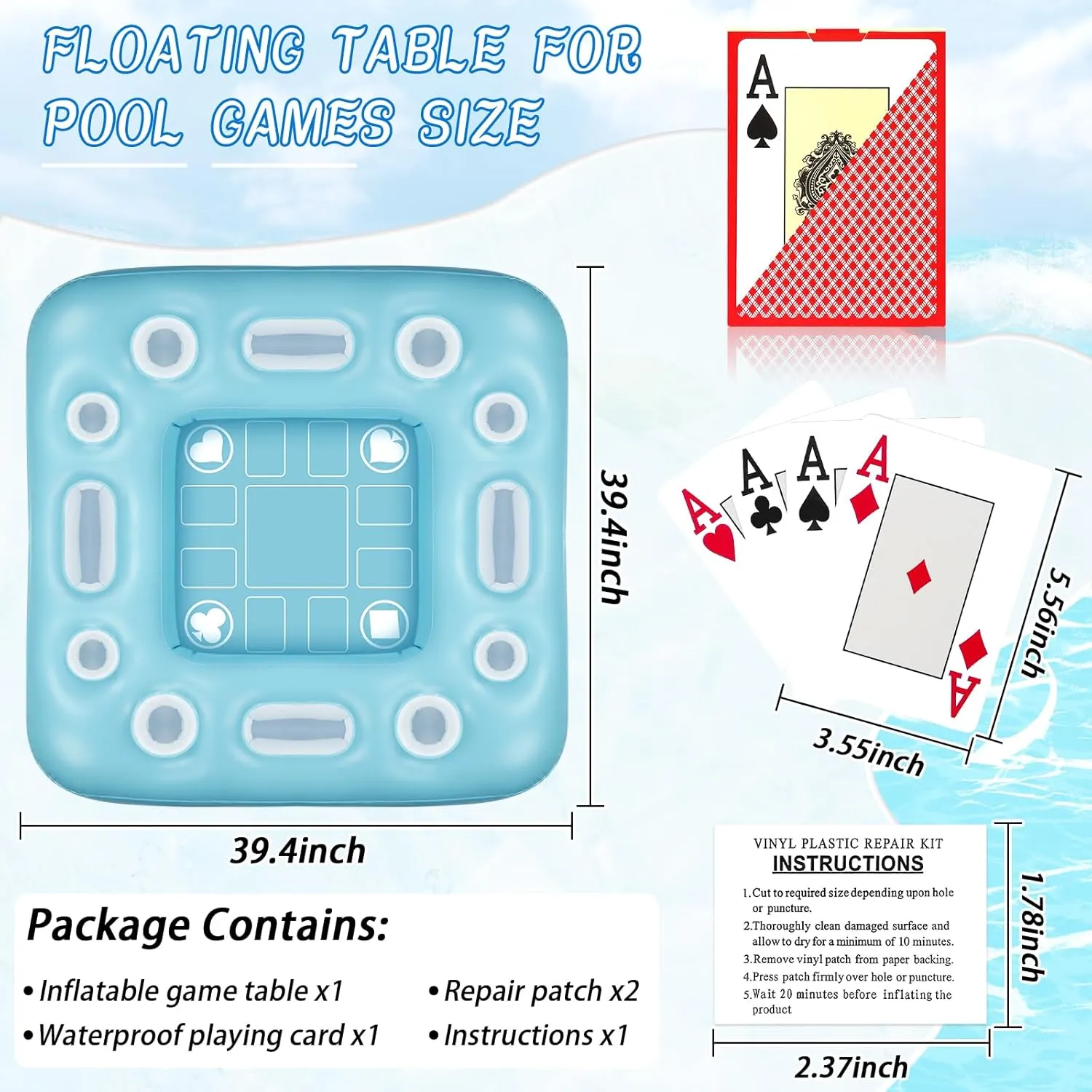 Floating Table for Pool Game with Waterproof Playing Cards, 39.4 x 39.4 in Floating Card Table for Pool with Food Drink Holders, Inflatable Floating Pool Game Table for Adults Family Party (Blue)