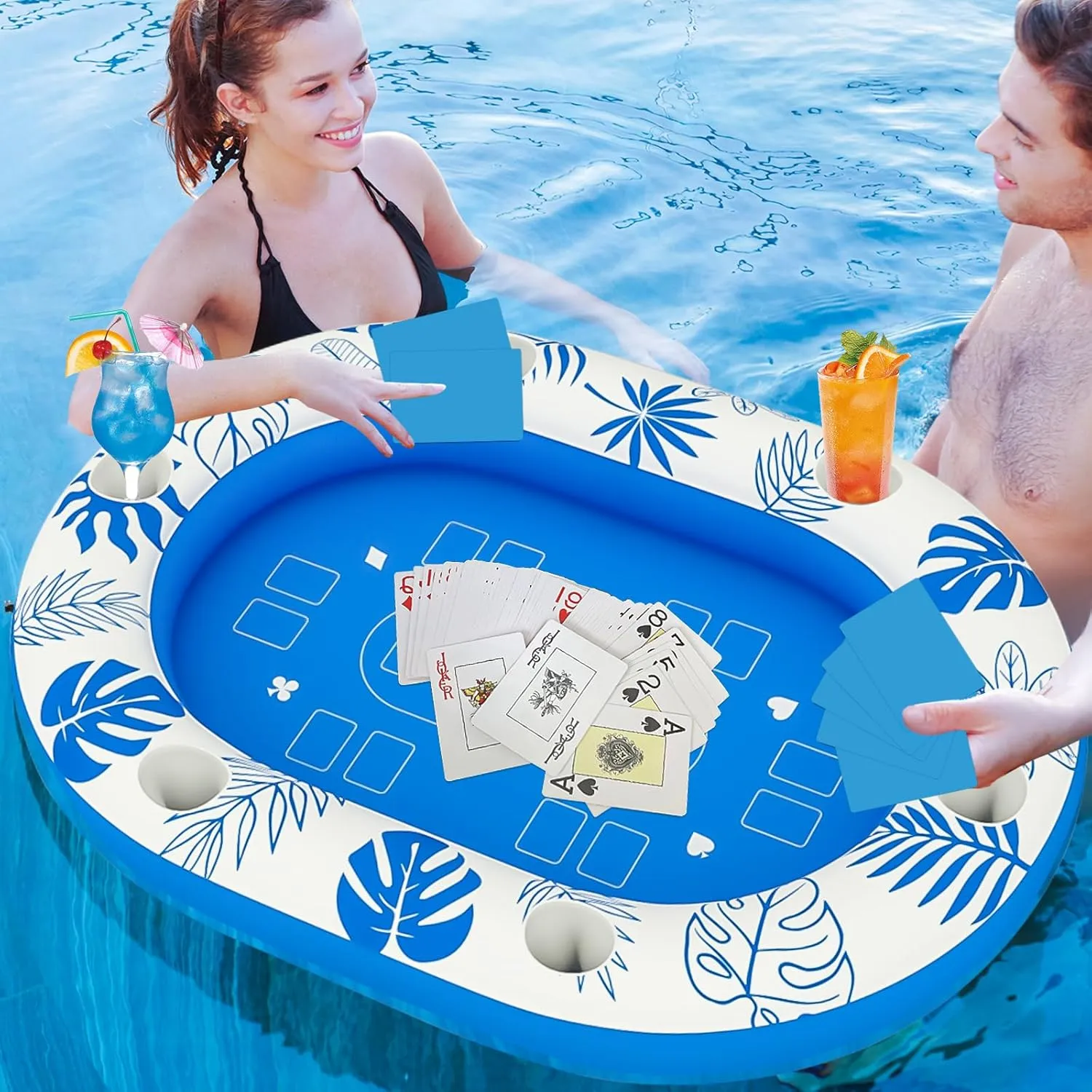 Floating Table for Pool, Inflatable Pool Games for Adults with Waterproof Playing Cards, Pool Accessories Hot Tub Tray Inflatable Food Drink Holder for Summer Party Indoor Outdoor Beach Pool