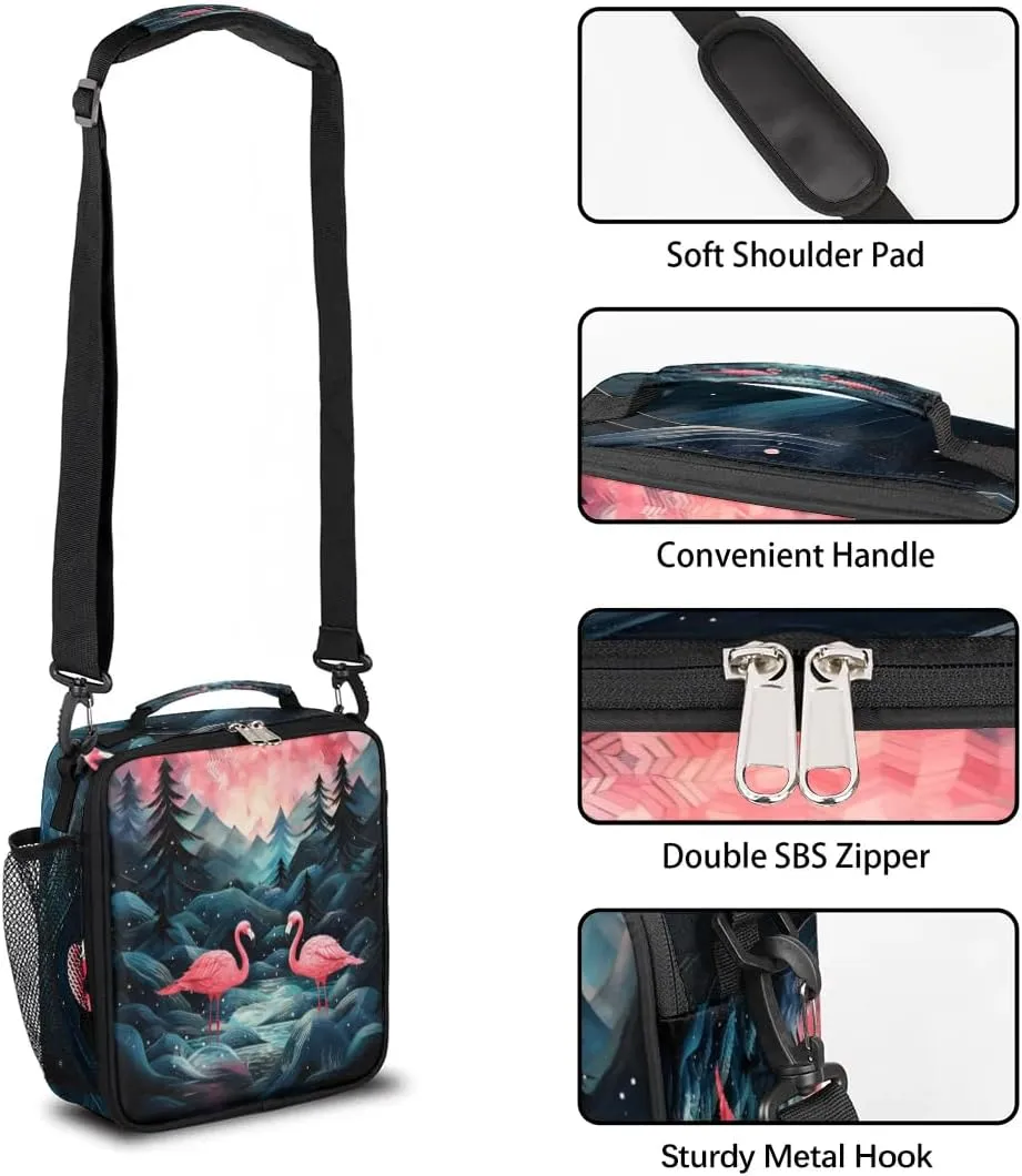 Flock Tropical Flamingos Lunch Bag for Women/Men, Insulated Lunch Box with Adjustable Shoulder Strap, Zipper Lunch Tote Bag for Work Picnic Camping