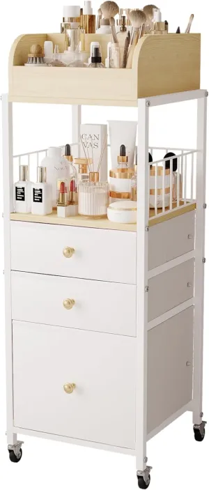 Floor Makeup Organizer, Skincare Make Up Organizers and Storage with Drawers, Vanity Organizer Cosmetics Display Cases Holder for Skin Care Nail Polish Perfume Makeup Brush (Drawer-White)