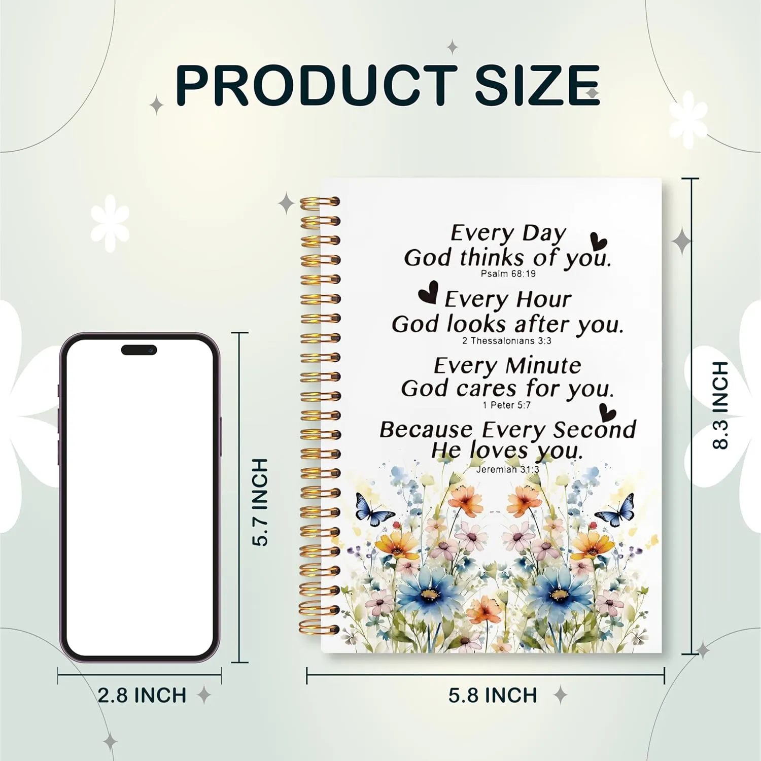 Floral Christian Notebooks for Women, Inspirational Bible Journal for Women, Church Notes Notebook, Prayer Journal, Bible Journaling Notebook, Hardcover Spiral Notebook 5.5x8.3 Inch
