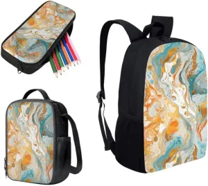 Fluid Art Marble Skin Fade Backpack and Lunch Bag Kids School Bag Liquid Marbling Texture Pack and Pencil Case for Teens Students Boys Girls School Sport Travel