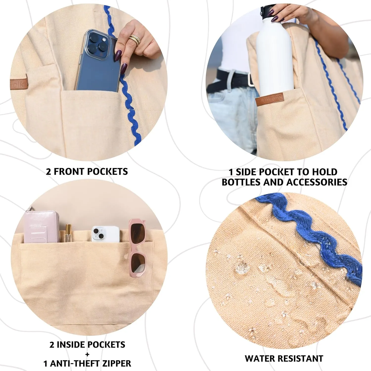 Folkulture Beach Bag | 17x14 | Waterproof, Sandproof Large Tote Bags for Women, Swimming Pool, Travel, Vacation, Beach Essentials, Accessories, Gifts | Bolsos Para Mujeres, Simple Modern Pool Bag