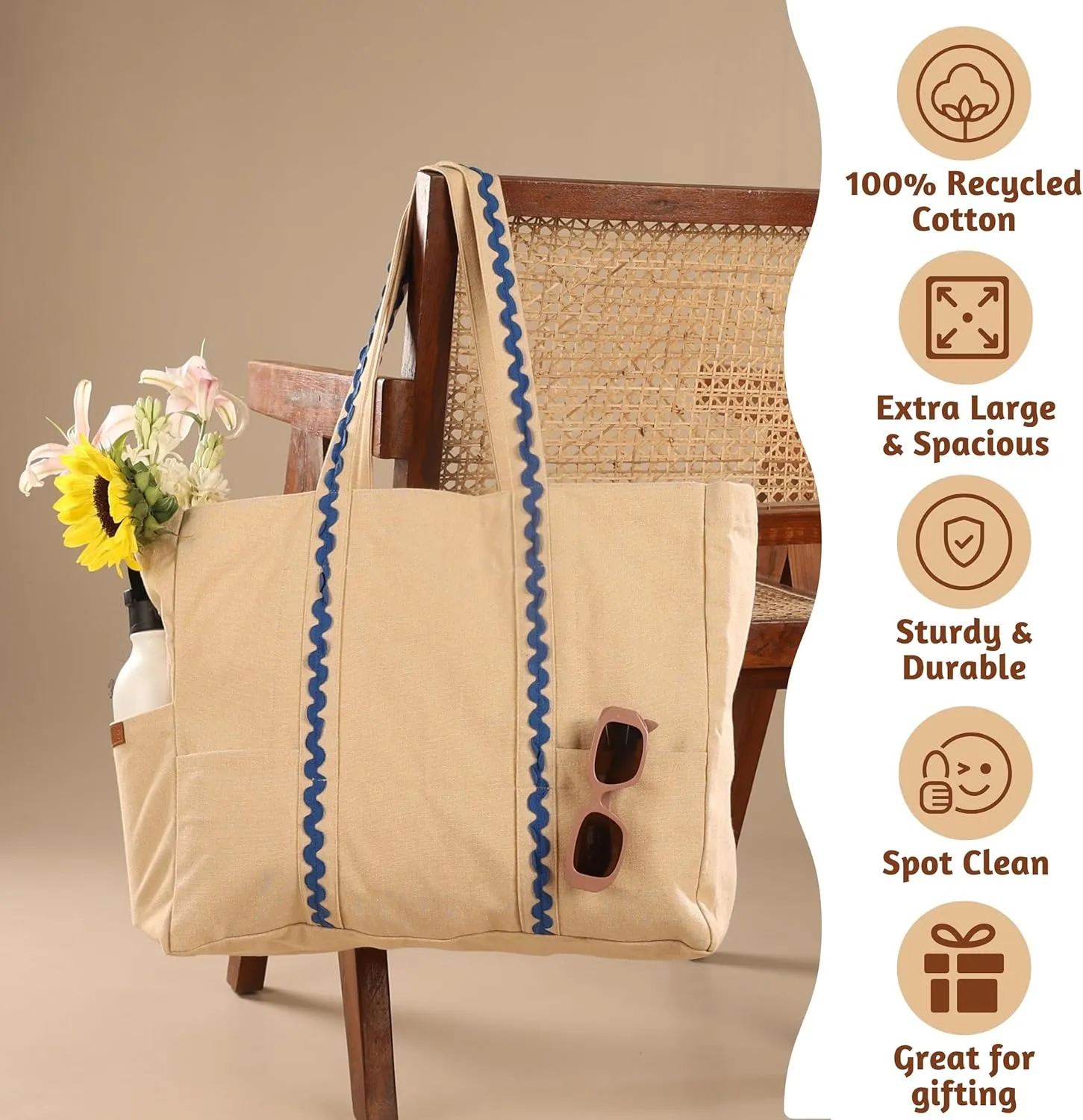 Folkulture Beach Bag | 17x14 | Waterproof, Sandproof Large Tote Bags for Women, Swimming Pool, Travel, Vacation, Beach Essentials, Accessories, Gifts | Bolsos Para Mujeres, Simple Modern Pool Bag