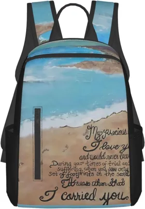 Footprints In The Sand Lightweight Backpack For Women Men, Casual Polyester Daypack Bookbag Travel Hiking Bag, Durable Laptop Backpack