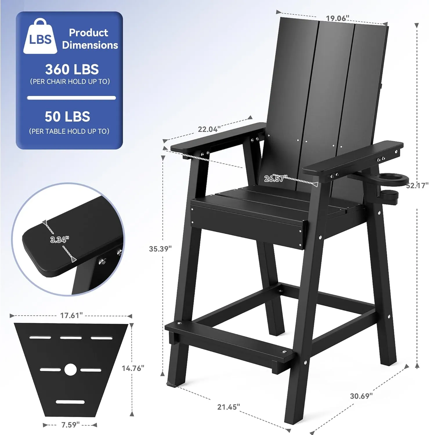 FOOWIN Tall Adirondack Chairs Set of 2,HDPE Adirondack Bar Stools with Connecting Tray & Cup Holders,Weather Resistant Balcony Chair for Outdoor Deck Lawn Pool Backyard Black