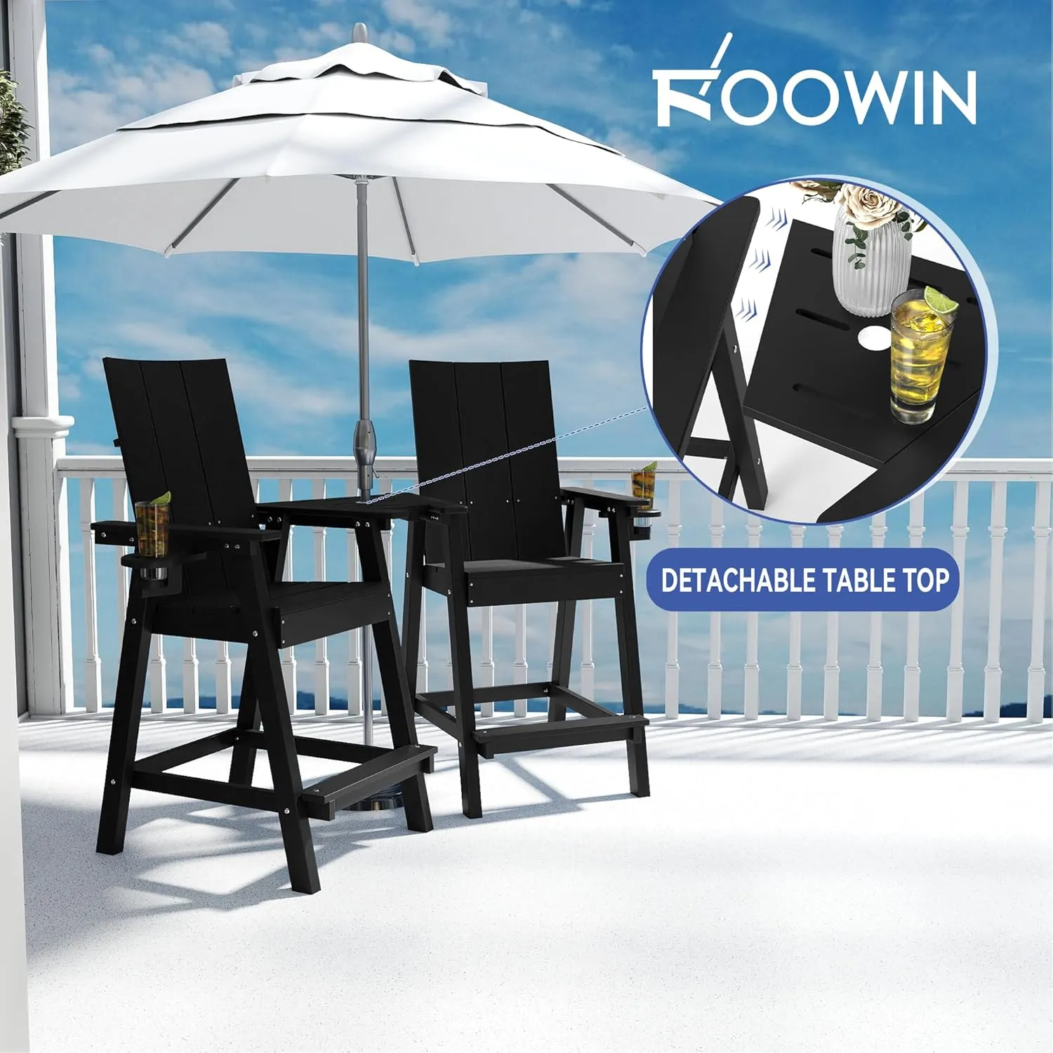FOOWIN Tall Adirondack Chairs Set of 2,HDPE Adirondack Bar Stools with Connecting Tray & Cup Holders,Weather Resistant Balcony Chair for Outdoor Deck Lawn Pool Backyard Black