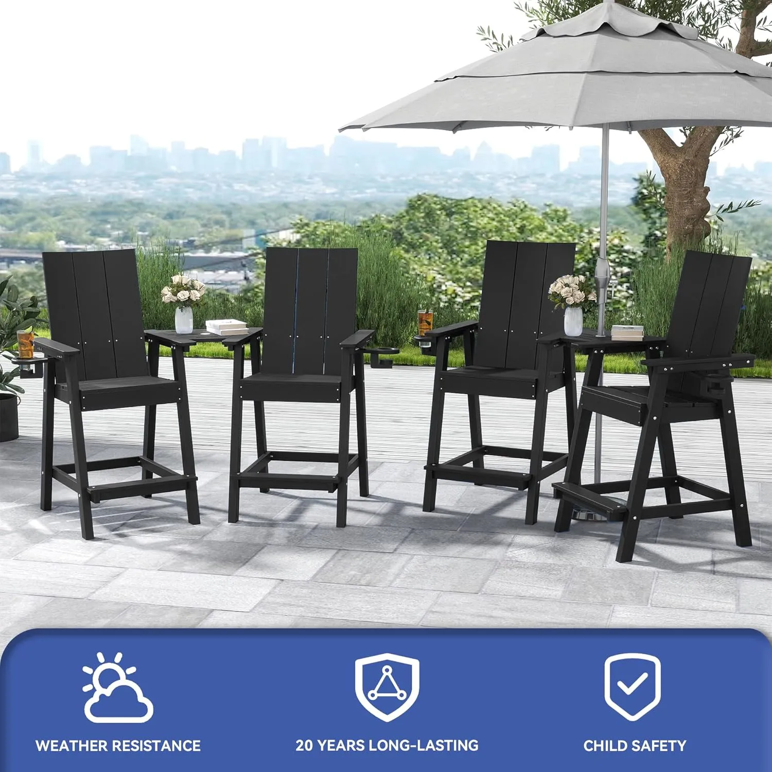 FOOWIN Tall Adirondack Chairs Set of 2,HDPE Adirondack Bar Stools with Connecting Tray & Cup Holders,Weather Resistant Balcony Chair for Outdoor Deck Lawn Pool Backyard Black