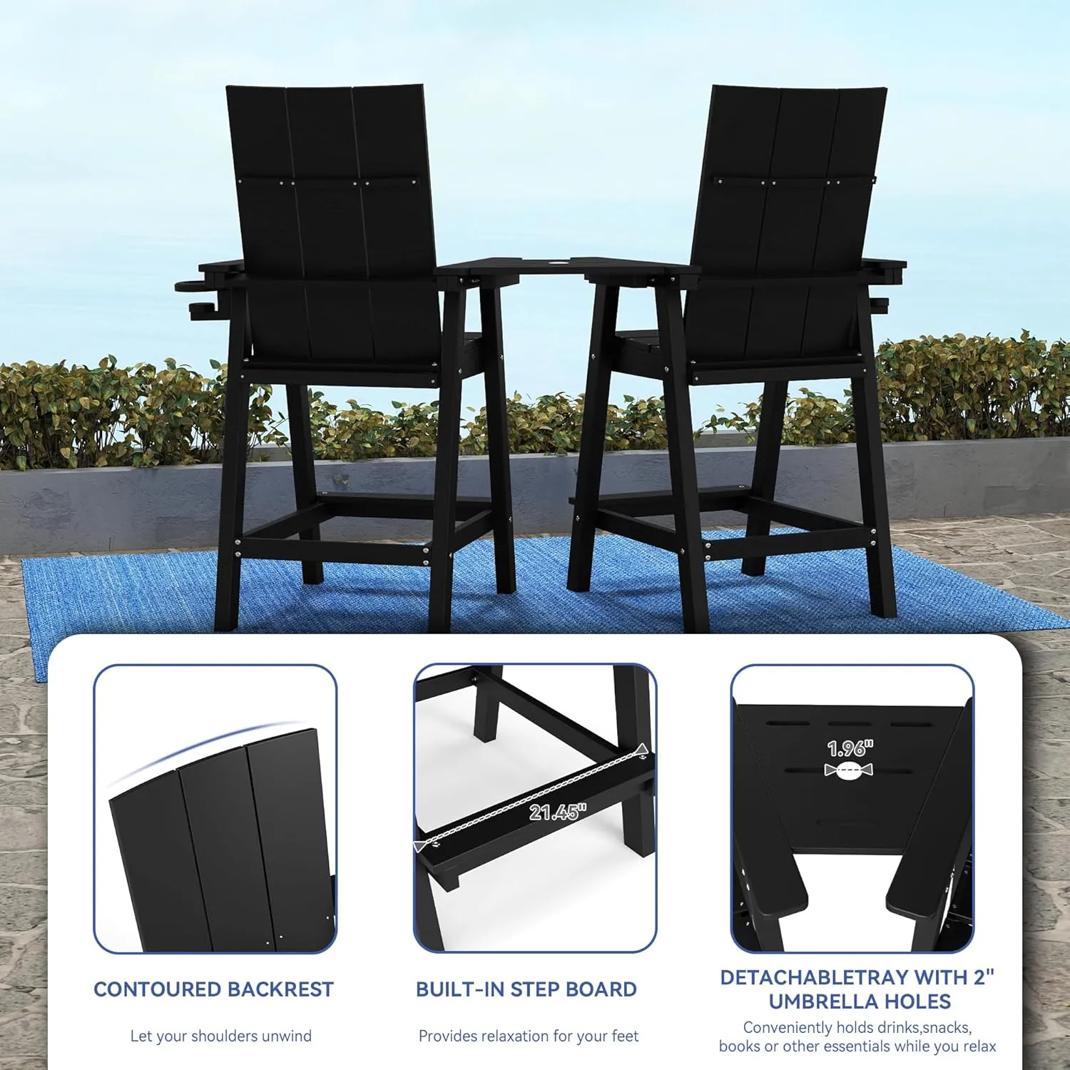 FOOWIN Tall Adirondack Chairs Set of 2,HDPE Adirondack Bar Stools with Connecting Tray & Cup Holders,Weather Resistant Balcony Chair for Outdoor Deck Lawn Pool Backyard Black