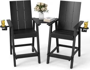 FOOWIN Tall Adirondack Chairs Set of 2,HDPE Adirondack Bar Stools with Connecting Tray & Cup Holders,Weather Resistant Balcony Chair for Outdoor Deck Lawn Pool Backyard Black