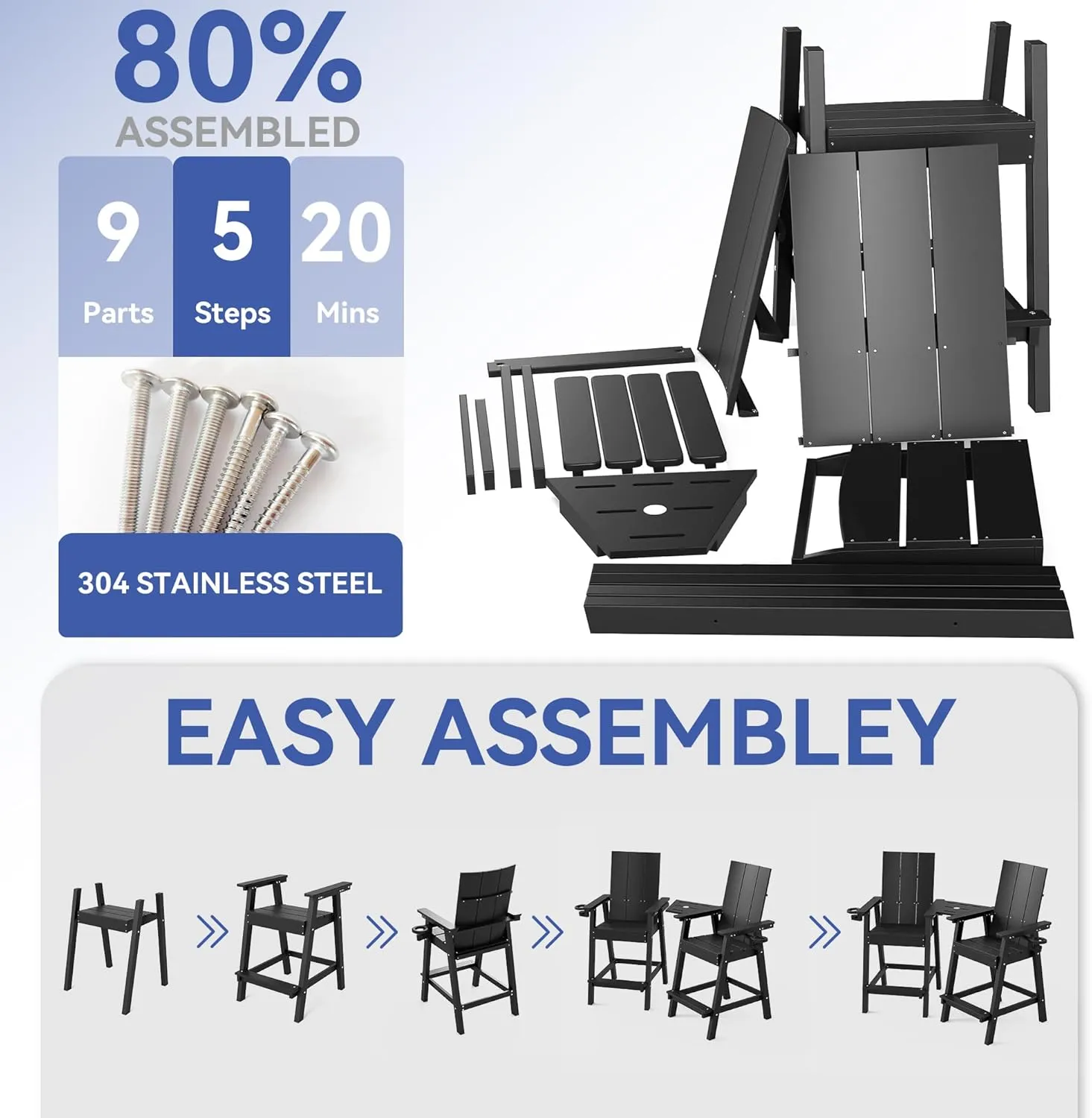 FOOWIN Tall Adirondack Chairs Set of 2,HDPE Adirondack Bar Stools with Connecting Tray & Cup Holders,Weather Resistant Balcony Chair for Outdoor Deck Lawn Pool Backyard Black