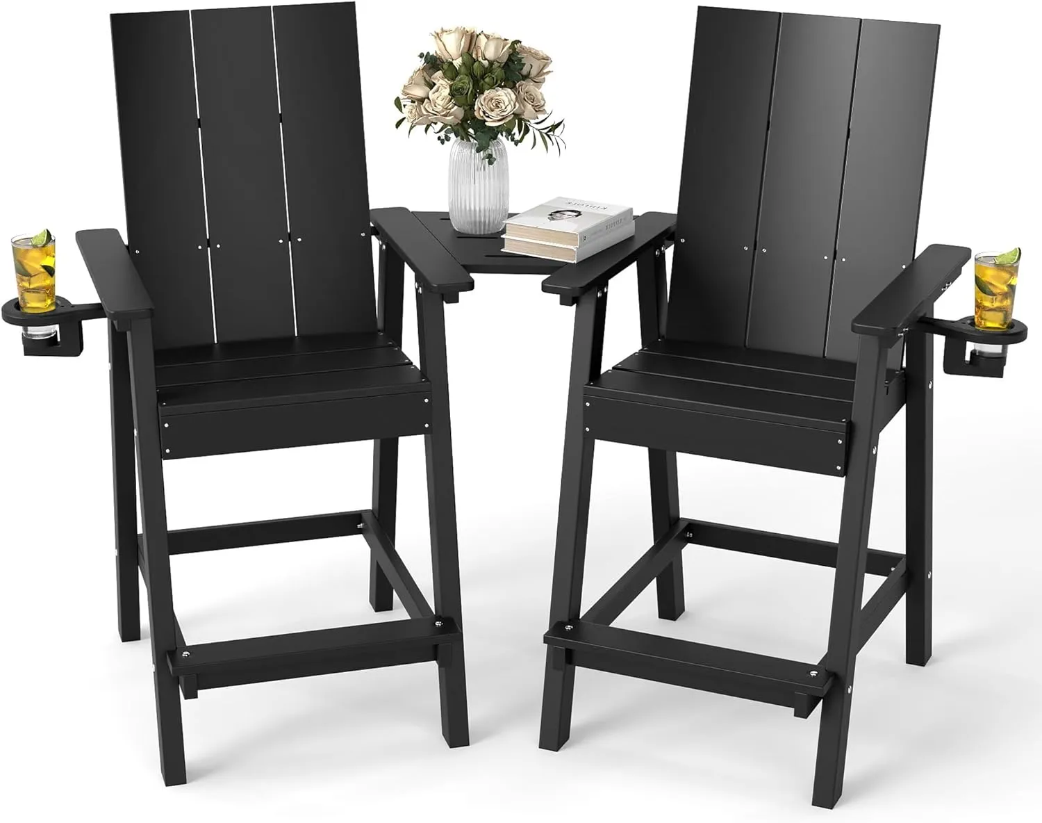 FOOWIN Tall Adirondack Chairs Set of 2,HDPE Adirondack Bar Stools with Connecting Tray & Cup Holders,Weather Resistant Balcony Chair for Outdoor Deck Lawn Pool Backyard Black
