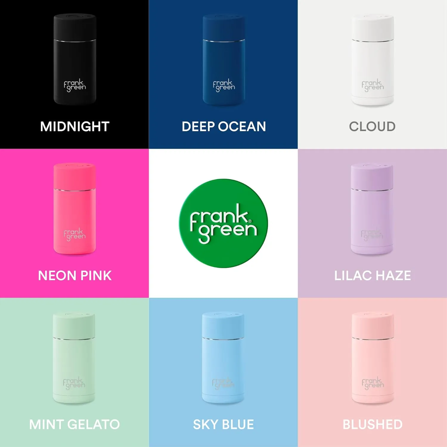 frank green - Ceramic Reusable Cup - Travel Coffee Mug, Stainless Steel Coffee Cup, Insulated Tumbler - Push Button Lid - 12oz - Cloud