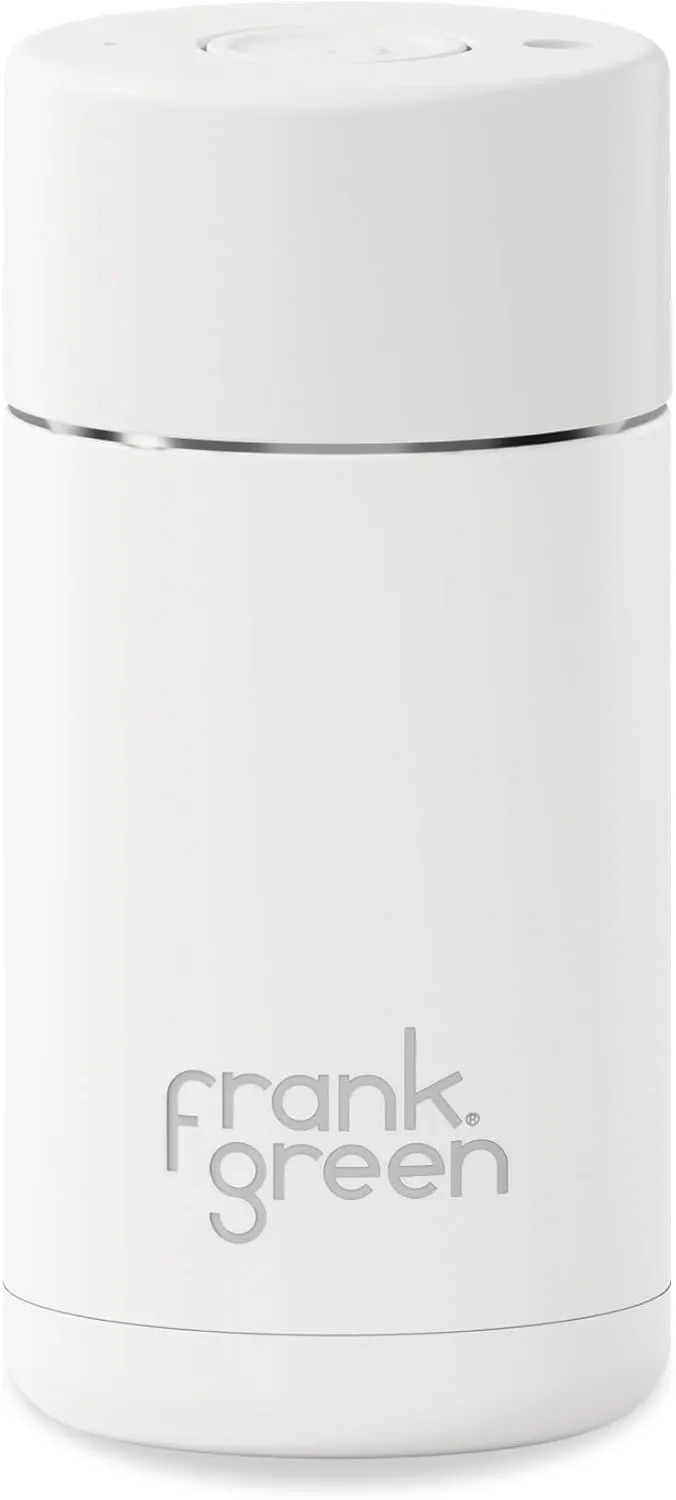 frank green - Ceramic Reusable Cup - Travel Coffee Mug, Stainless Steel Coffee Cup, Insulated Tumbler - Push Button Lid - 12oz - Cloud