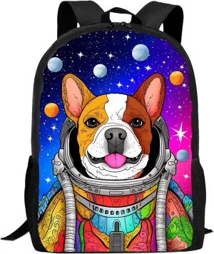 FREE LION Kids Cute Dog Astronaut in Galaxy Backpack for Boys Girls Blue Pink Planet Stars Celestial Bookbags Elementary Middle High School Bag Large Backpack for School & Travel, 17 inches