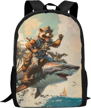 FREE LION Raccoon Rides Shark Backpack Ocean Beach Hawaii Style School Backpack for Boys Girls, Animal Kids Backpack, 17 Inch Large Elementary Middle High School Backpacks for School & Travel