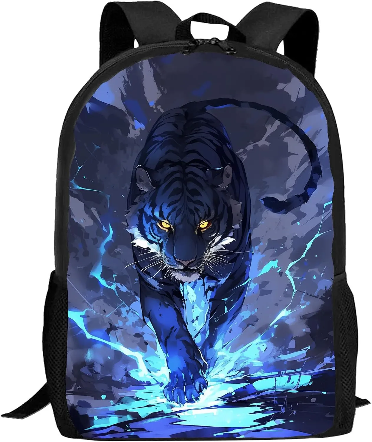 FREE LION Tiger Backpack for Kids Boys Girls, Blue Tiger Yellow Eyes Blue Lightning School Backpack, Animal Kids Backpack, 17 Inch Large Elementary Middle High School Backpacks for School & Travel