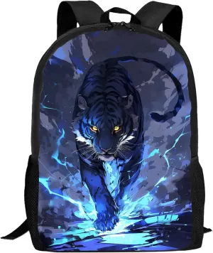 FREE LION Tiger Backpack for Kids Boys Girls, Blue Tiger Yellow Eyes Blue Lightning School Backpack, Animal Kids Backpack, 17 Inch Large Elementary Middle High School Backpacks for School & Travel