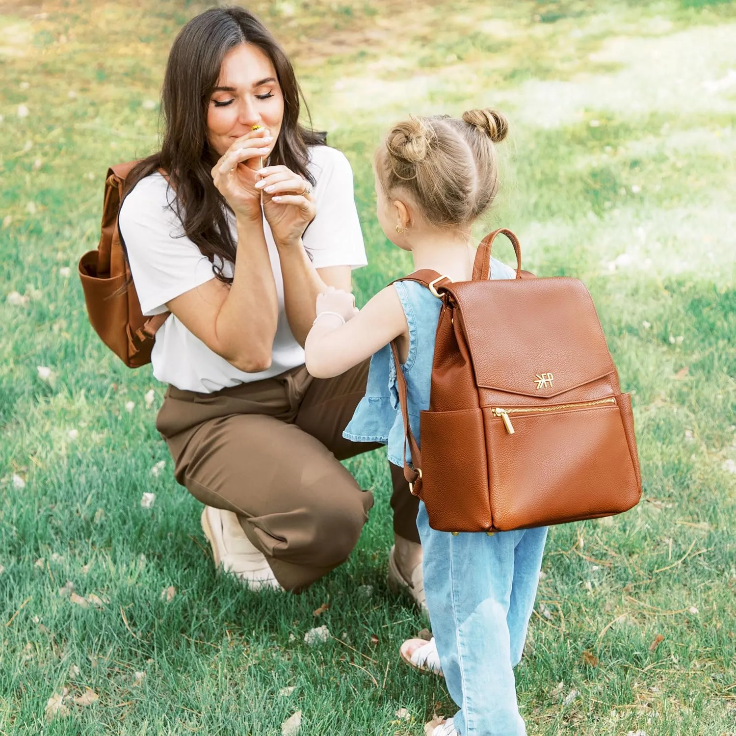 Freshly Picked Mini Classic Diaper Bag Backpack, Wipeable Vegan Leather, 8 Pockets Total (Cognac)